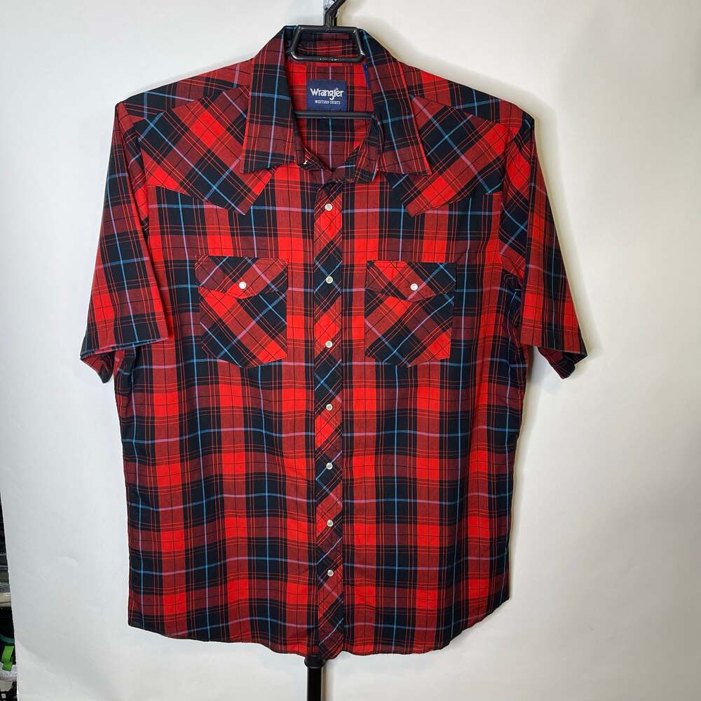 Wrangler Red Navy Plaid Western Shirt Size XLT Mens